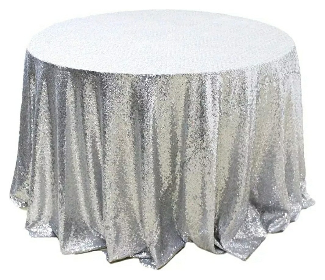 Скатерть с пайетками, круглая, серебряная